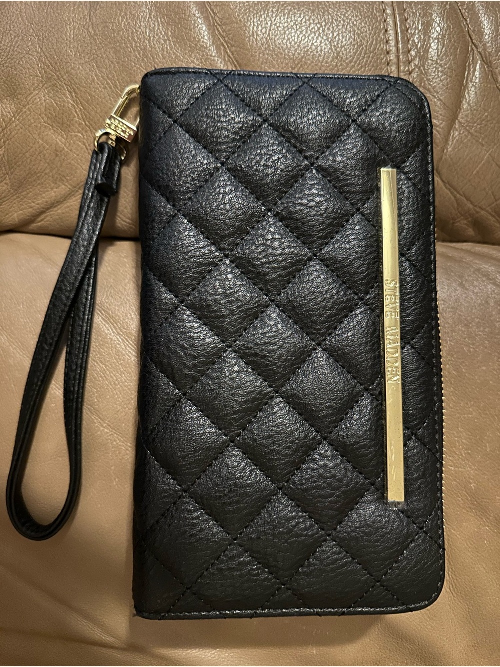 Steve Madden Black Quilted Wristlet with Gold Accent